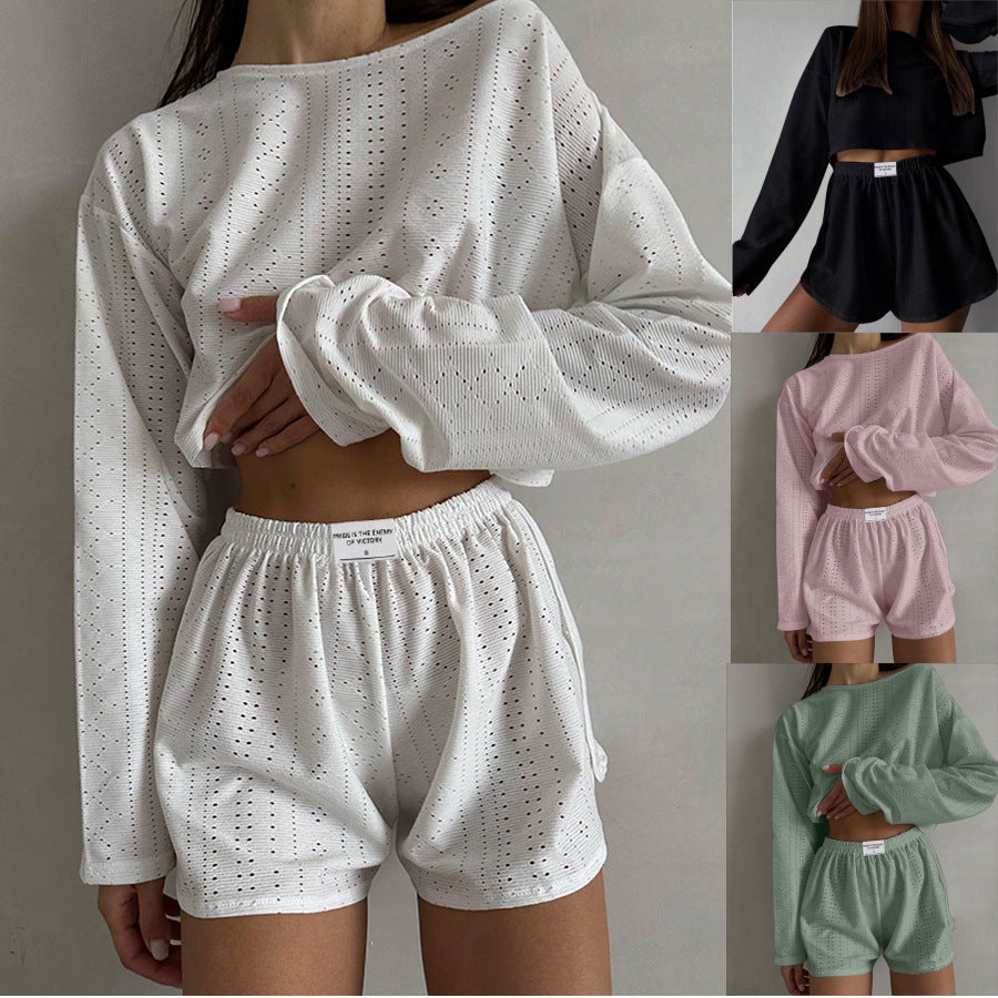 Women's Casual Suit Hollow-out Fashion Simple Loose Pullover Long Sleeve Top Shorts