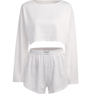 Women&#039;s Casual Suit Hollow-out Fashion Simple Loose Pullover Long Sleeve Top Shorts