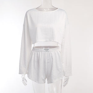 Women&#039;s Casual Suit Hollow-out Fashion Simple Loose Pullover Long Sleeve Top Shorts